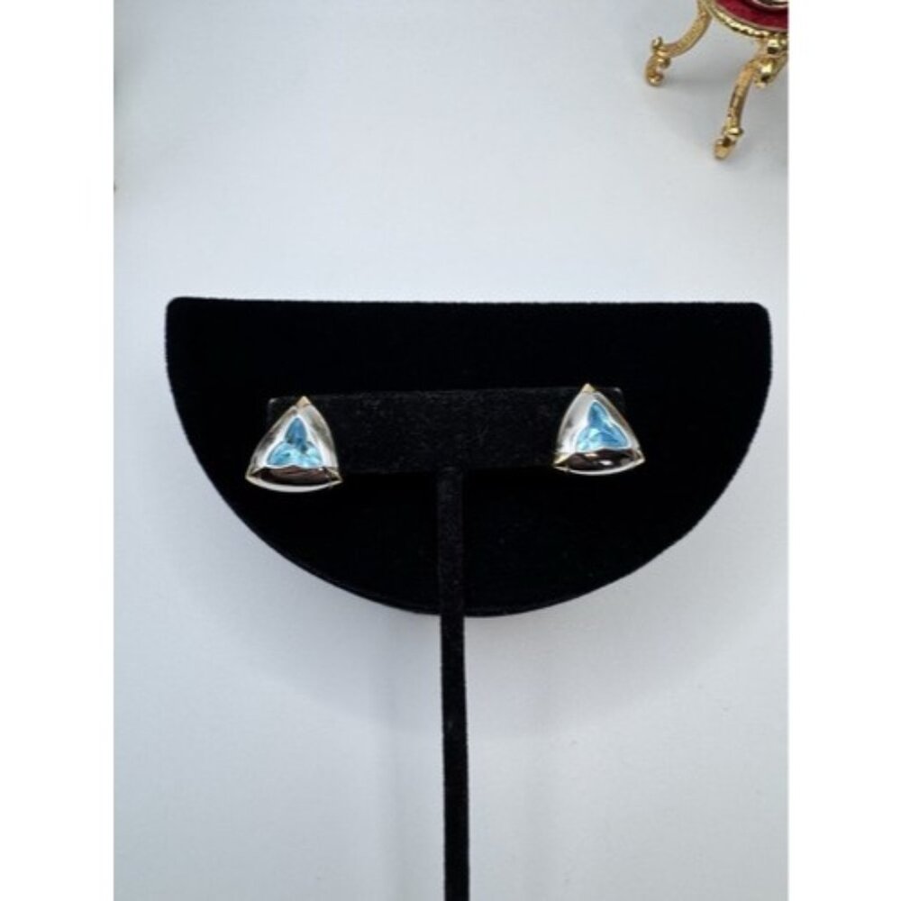 Vintage Monet Egyptian Triangle Revival Blue Cabochon Gold Gold Tone Earrings